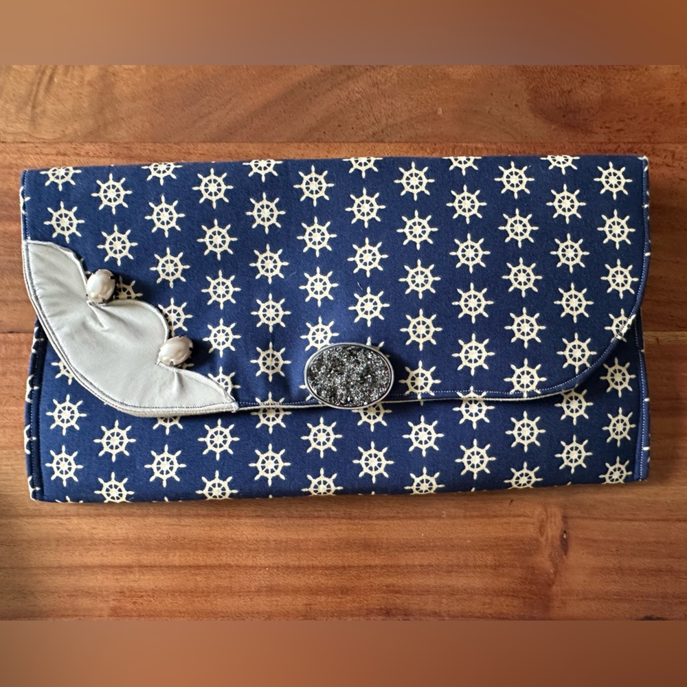 New Nautical Ships Wheel Navy and Cream Clutch